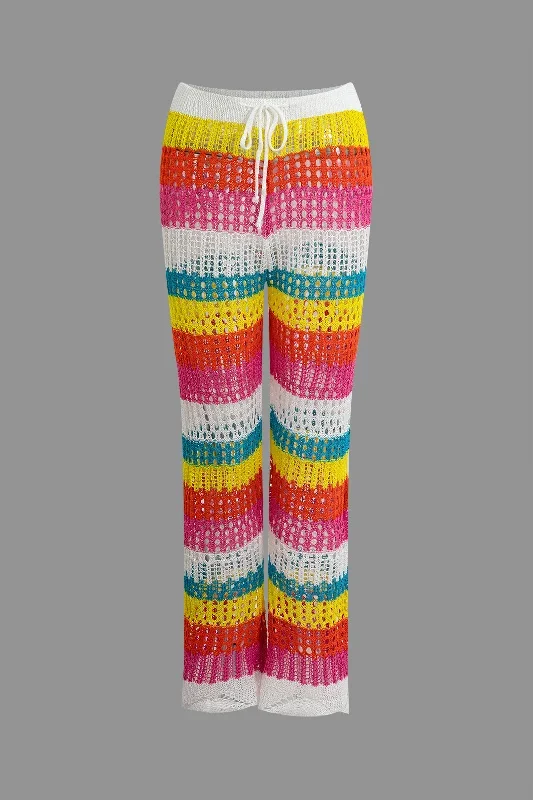 Color Block Crochet Hollow Out Drawstring Knit Pants