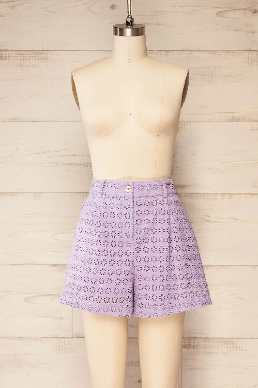 Mobberley Lilac | High-Waisted Shorts w/ Openwork Embroidery