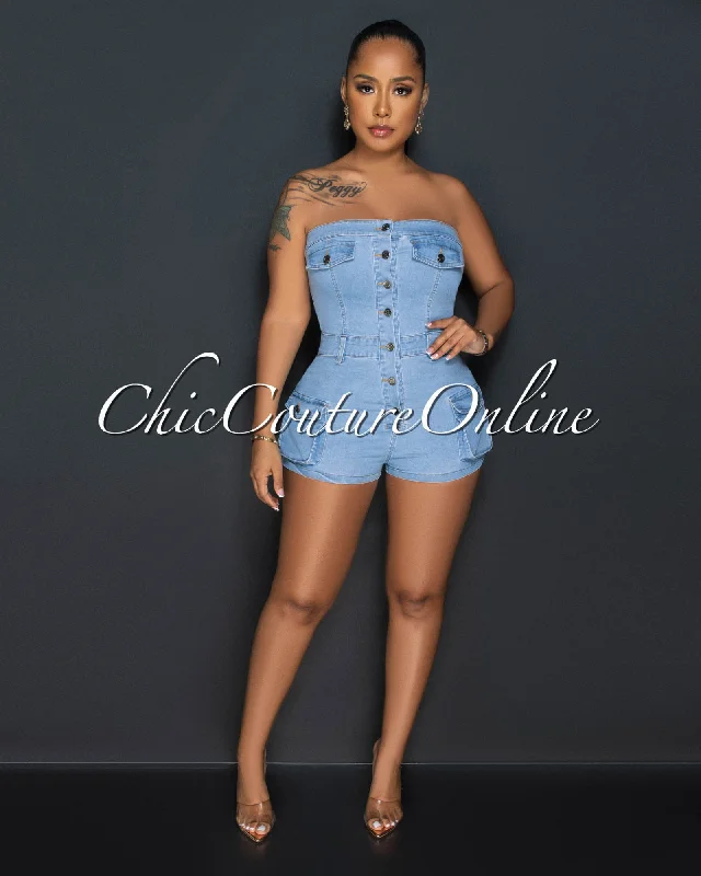 Molara Light Denim Strapless Cargo Romper