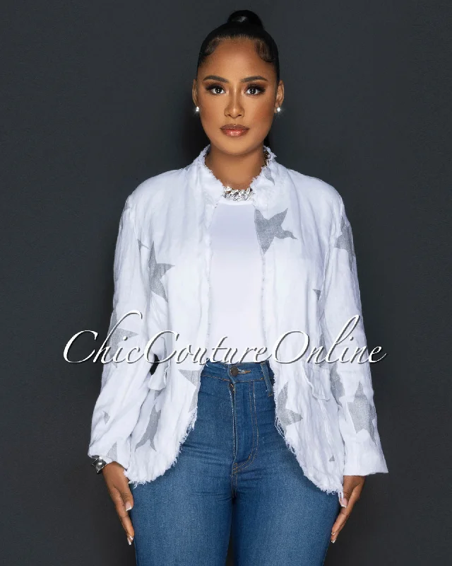 Monserrat White Silver Star Distressed Linen Jacket