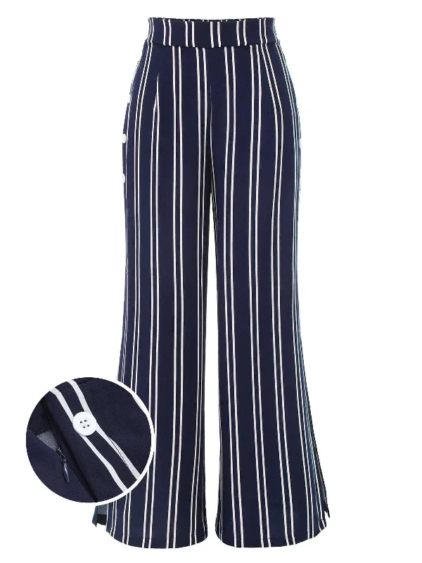 Navy Blue 1940s Stripes Wide-Leg Pants