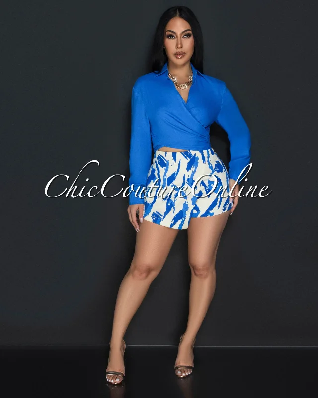 Nevis Blue Beige Print Wrap Skort