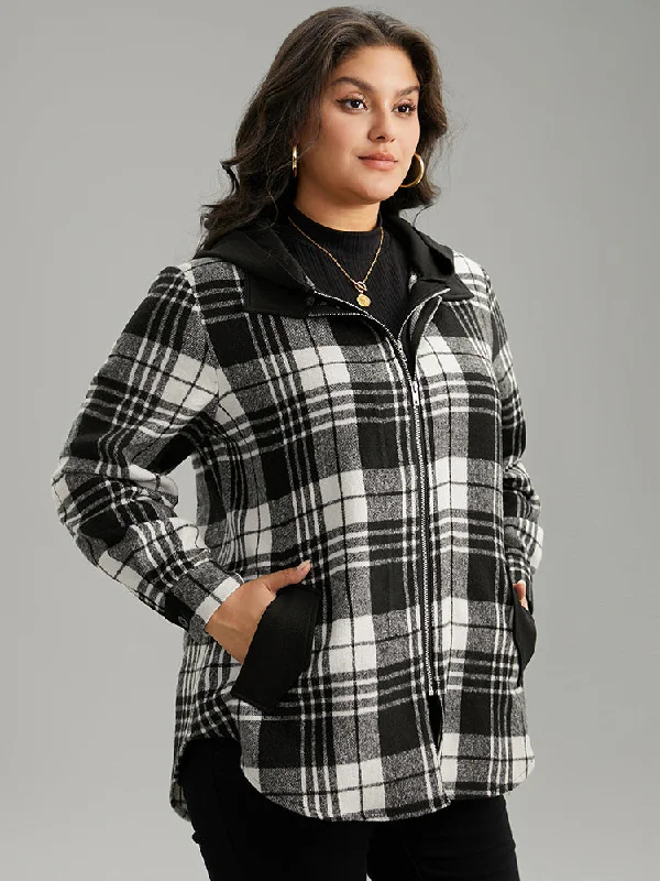 plaid-patchwork-zipper-contrast-hooded-jacket