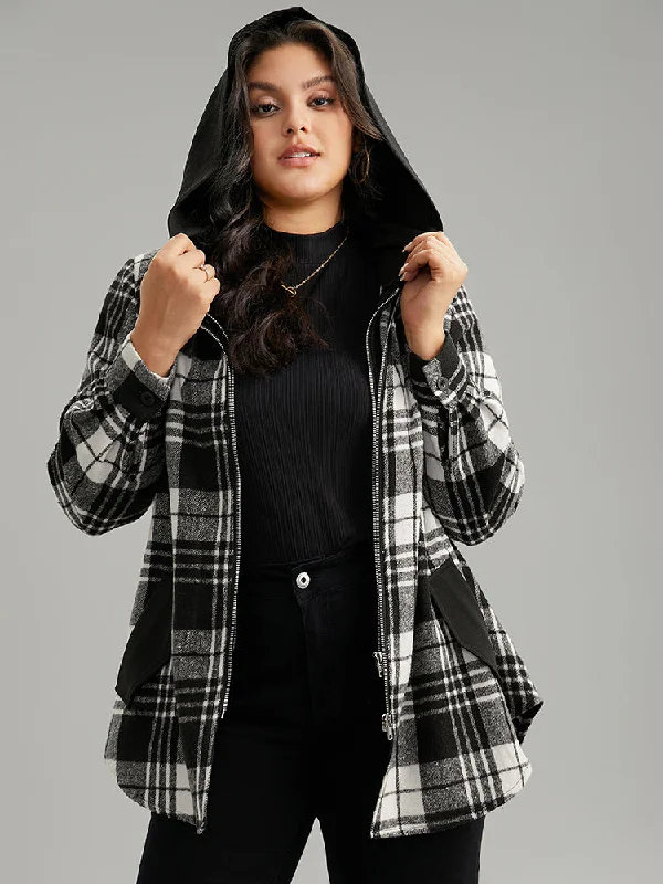 plaid-patchwork-zipper-contrast-hooded-jacket