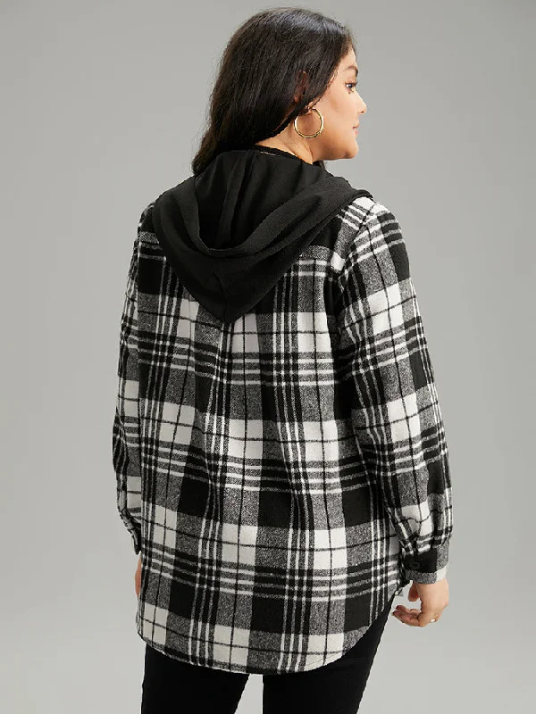 plaid-patchwork-zipper-contrast-hooded-jacket