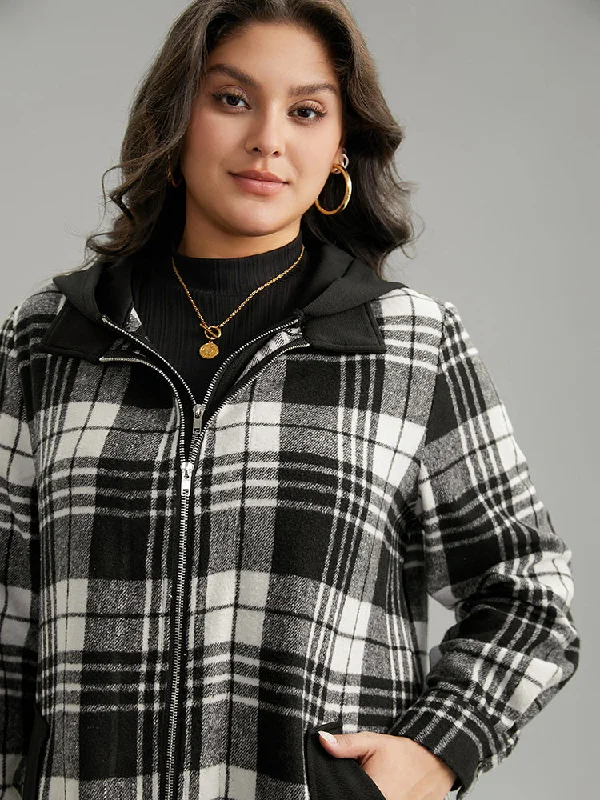 plaid-patchwork-zipper-contrast-hooded-jacket