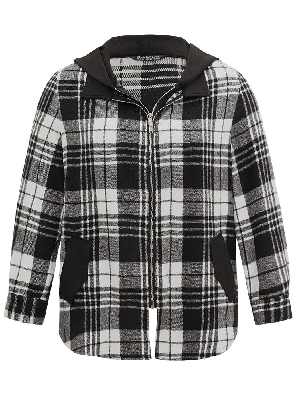 plaid-patchwork-zipper-contrast-hooded-jacket