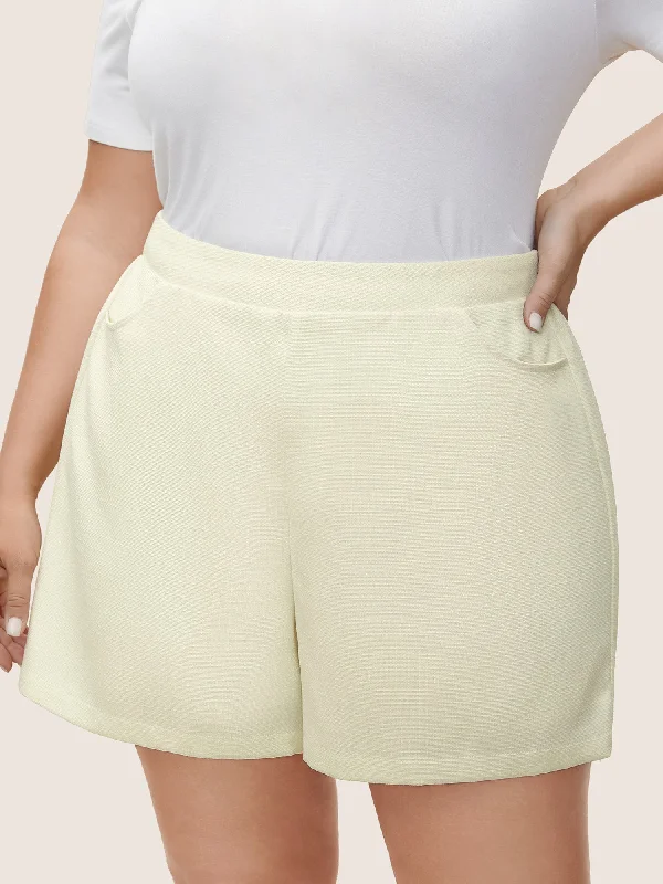 Plain Textured Elastic Waist High Rise Shorts