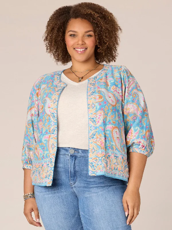 Plus Size Three Quarter Sleeve Open Front Reversible Woven Jacket