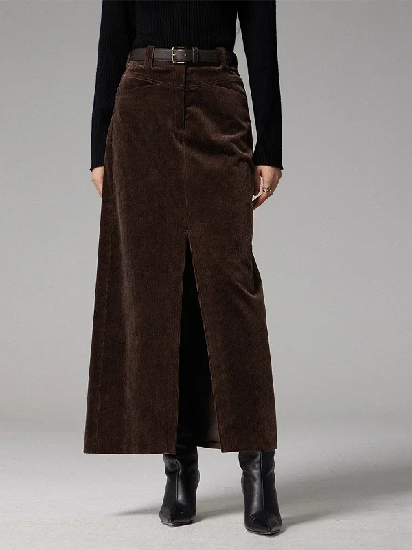 BerryBetty - Pockets Corduroy Slit Maxi Skirt