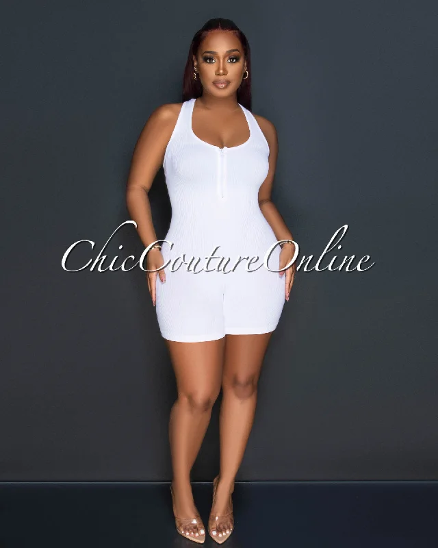 Saira Off-White Ribbed Racer Back Body-Con Romper