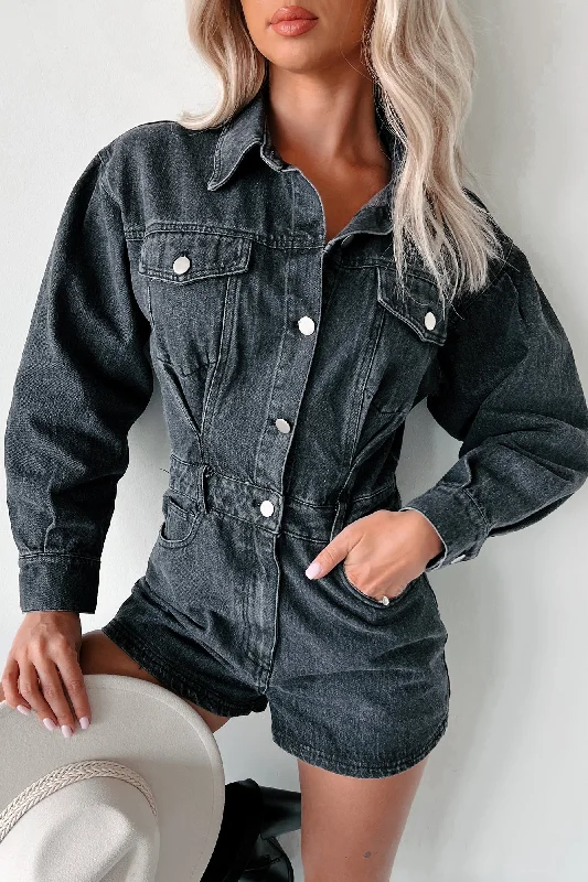 I'm Always Cool Denim Long Sleeve Romper (Black Denim)