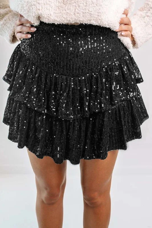 solid-sequined-pleated-tiered-mini-skirt