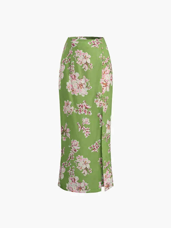 BerryBetty - Vintage Floral Zippered Slit Skirt