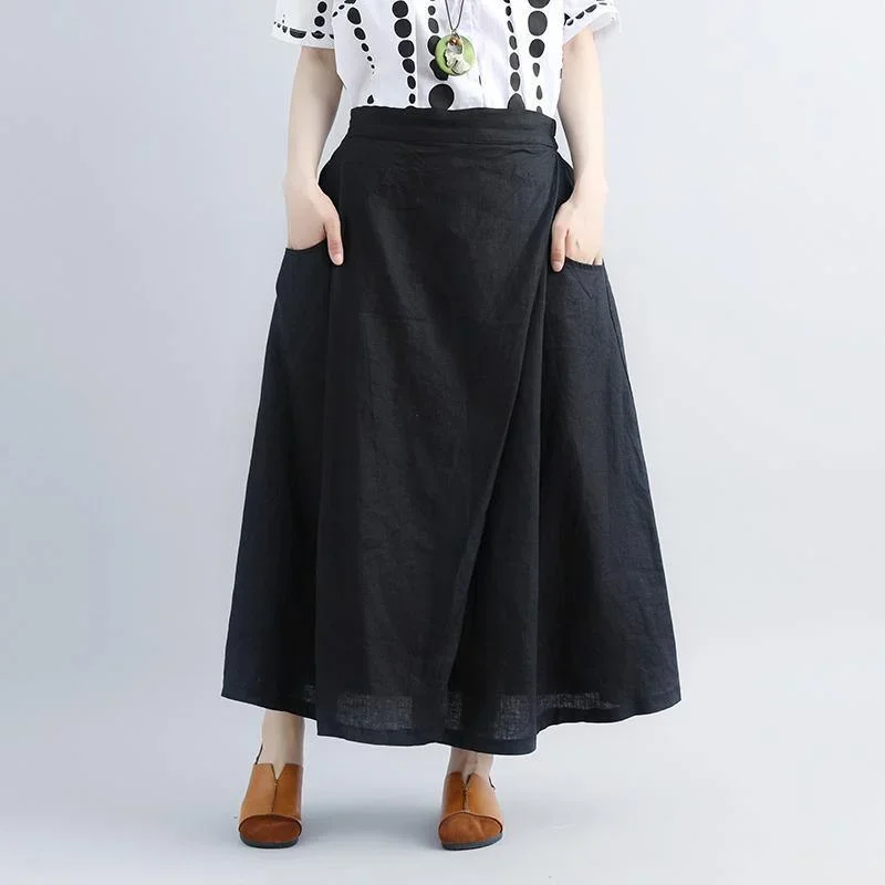 women linen shift dresses oversized Casual Summer Black Pockets Pleated Skirts