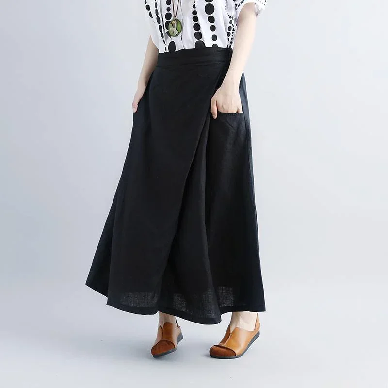 women-linen-shift-dresses-oversized-casual-summer-black-pockets-pleated-skirts