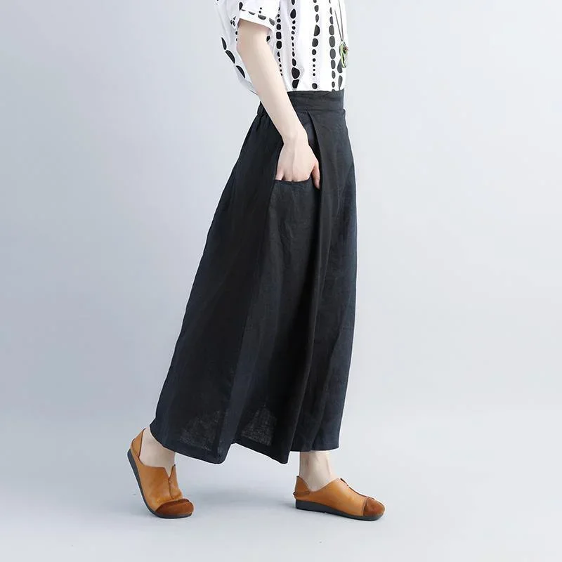 women-linen-shift-dresses-oversized-casual-summer-black-pockets-pleated-skirts