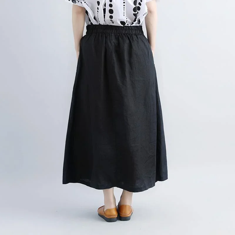 women-linen-shift-dresses-oversized-casual-summer-black-pockets-pleated-skirts